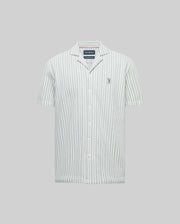 The Psycho Bunny MENS ROBERT TEXTURE STRIPE SHIRT (MT0300005) features short sleeves, a cabana collar, vertical white and light gray stripes, and a small green logo embroidered on the left chest, shown on a plain gray background.
