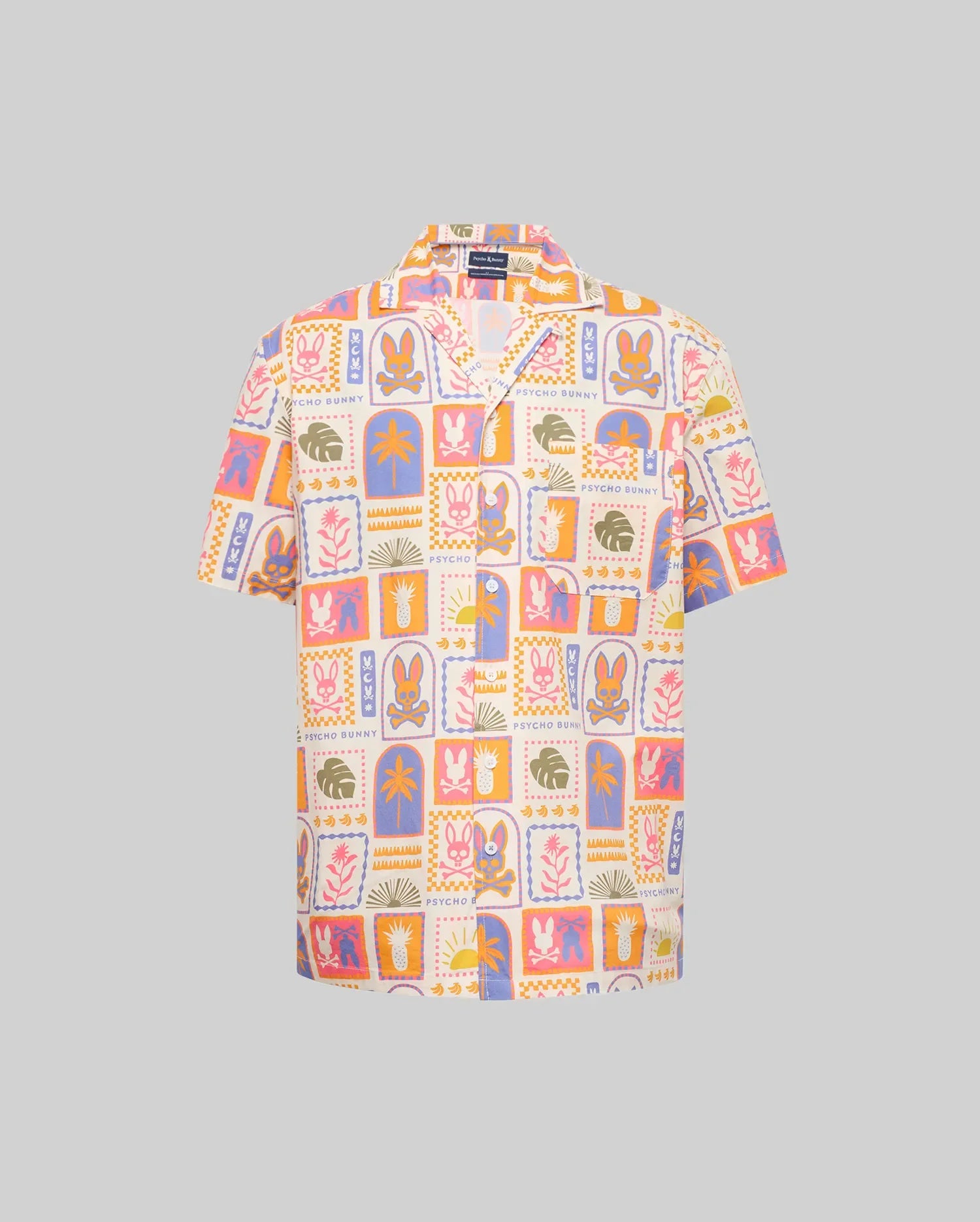 The MENS SUNDEW ALL OVER PRINT SHORT SLEEVE SHIRT by Psycho Bunny features a playful, colorful abstract animal and plant pattern in pink, orange, blue, and yellow on white, with a collar and front pocket for a fun yet classic style.