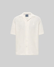 The Psycho Bunny MENS SAMMY CROCHET SHORT SLEEVE SHIRT (MT0300108) is an off-white, collared, button-up mesh shirt made from a semi-sheer cotton blend, shown on a plain gray background.
