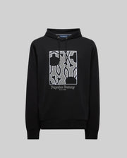 The Psycho Bunny MENS GLENN HOODIE (MT0500008) is a black cotton-modal hoodie with a white outlined Bunny and abstract shapes on the chest, "Psycho Bunny Since 2005" printed below, and a drawstring hood.