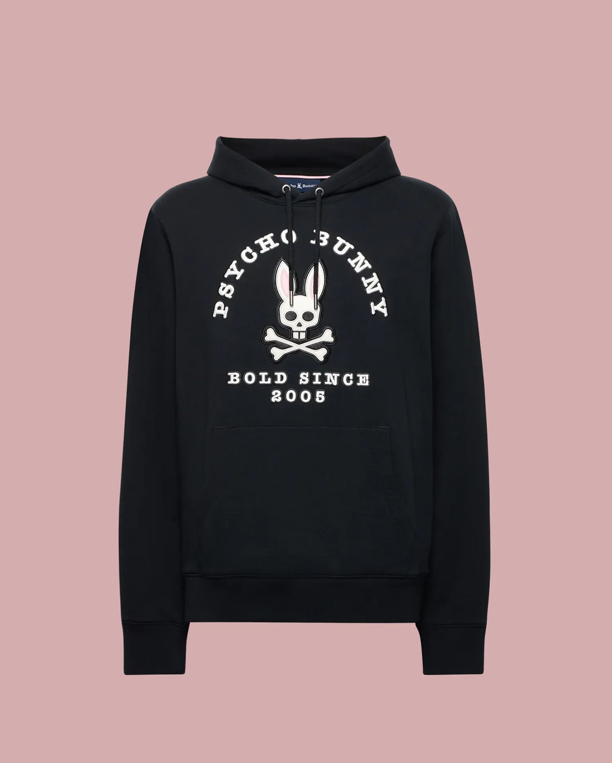 The Psycho Bunny MENS ARCHIVE HOODIE - MT0500009 is a black French terry hoodie with a large white bunny skull and crossbones graphic, “PSYCHO BUNNY” above and “BOLD SINCE 2005” below, plus front pocket and drawstring hood.