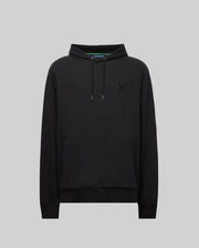 The Psycho Bunny MENS KAI HOODIE (MT0500019) in black features drawstrings, a front pocket, and a subtle embroidered Bunny logo on the left chest, shown against a plain gray background.