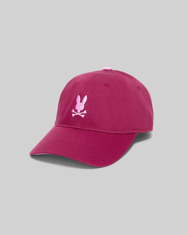 Womens Amaris Baseball Cap in magenta cotton twill, featuring a prominent light pink embroidered Psycho Bunny skull logo on the front, with a matching pink top button and brim underside.