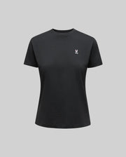 The Psycho Bunny WOMENS CLASSIC TEE - WT0200005 is a plain black Pima cotton shirt with a small white 4k stitch Bunny logo on the left chest, shown on a neutral gray background.