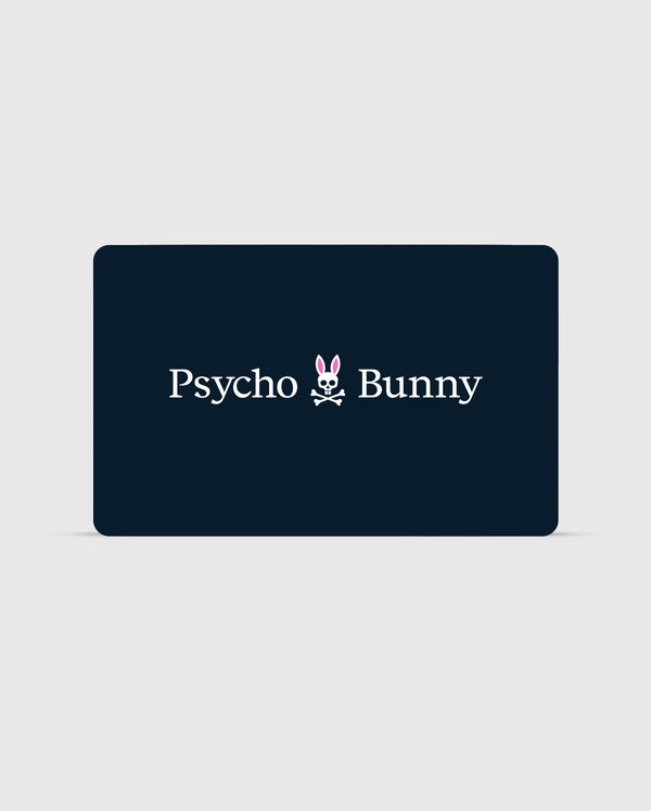A rectangular card with a dark background features the text "Psycho Bunny Canada" in white. Between the words is a stylized logo of a bunny head with pink ears and a skull and crossbones beneath it. You can check your balance or redeem your Digital Gift Card for exclusive Psycho Bunny apparel using their digital platform.